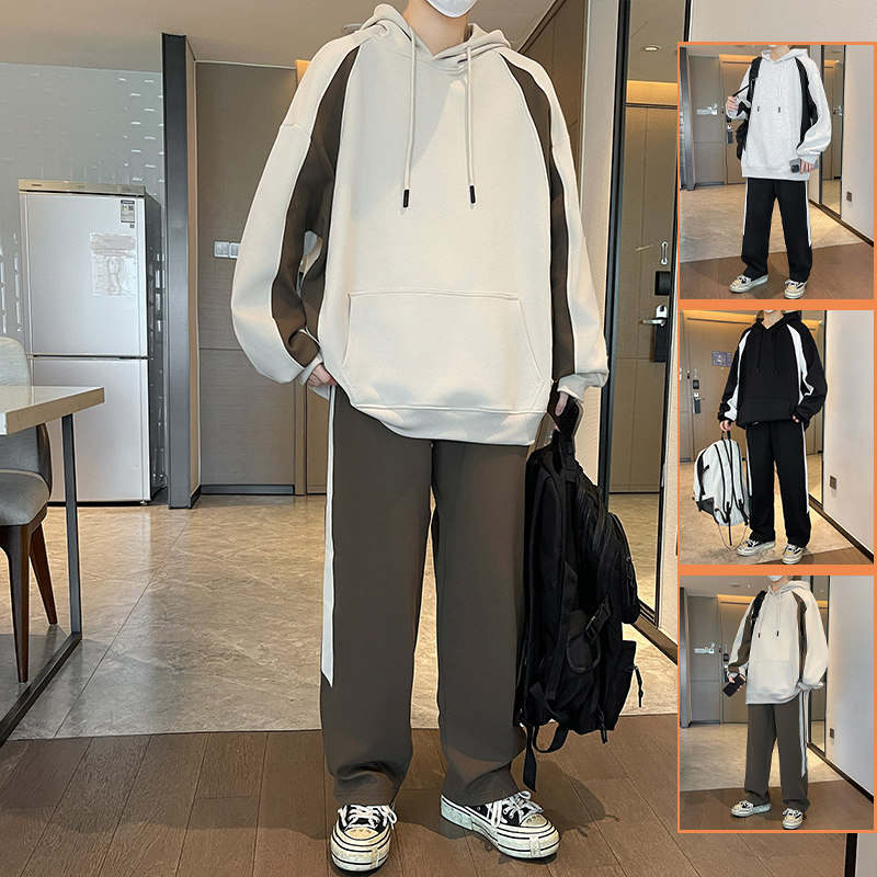 撞色连帽青年卫衣2025新款春秋潮牌学生外套男装酷套装两件套P100,男装休闲套装,星座1210A