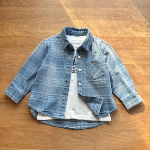衬衣 美式 男童宽松百搭长袖 牛仔衬衫 春秋薄外套 复古格纹