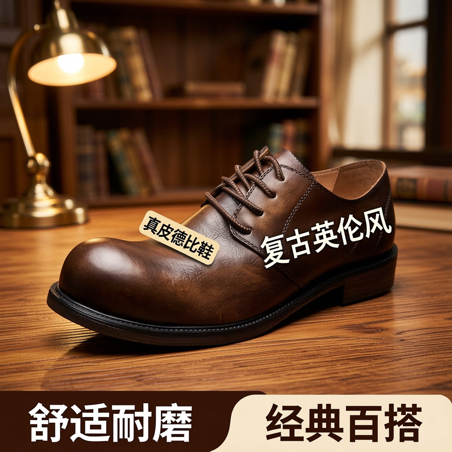 复古英伦风休闲皮鞋男圆头系带牛皮德比鞋真皮百搭男鞋