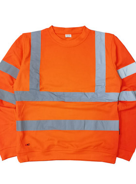 欧美高克重厚实前后反光条橙色圆领内加绒套头螺纹袖工装卫衣Y365