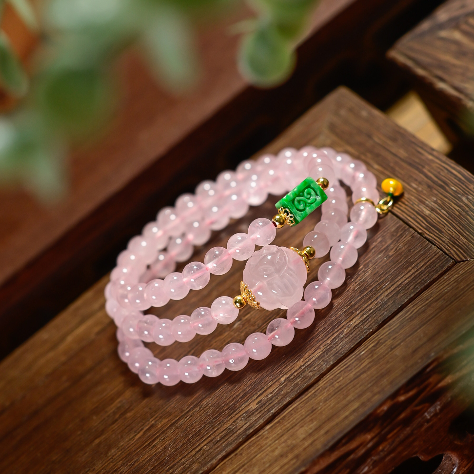 PIPISHOP 925银镀金天然A货干青翡翠粉水晶九尾狐圆珠三圈手串