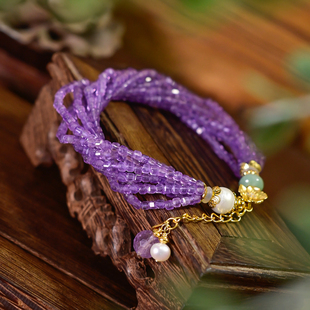 PIPISHOP 925银镀金天然翡翠淡水珍珠紫水晶方糖多层手链