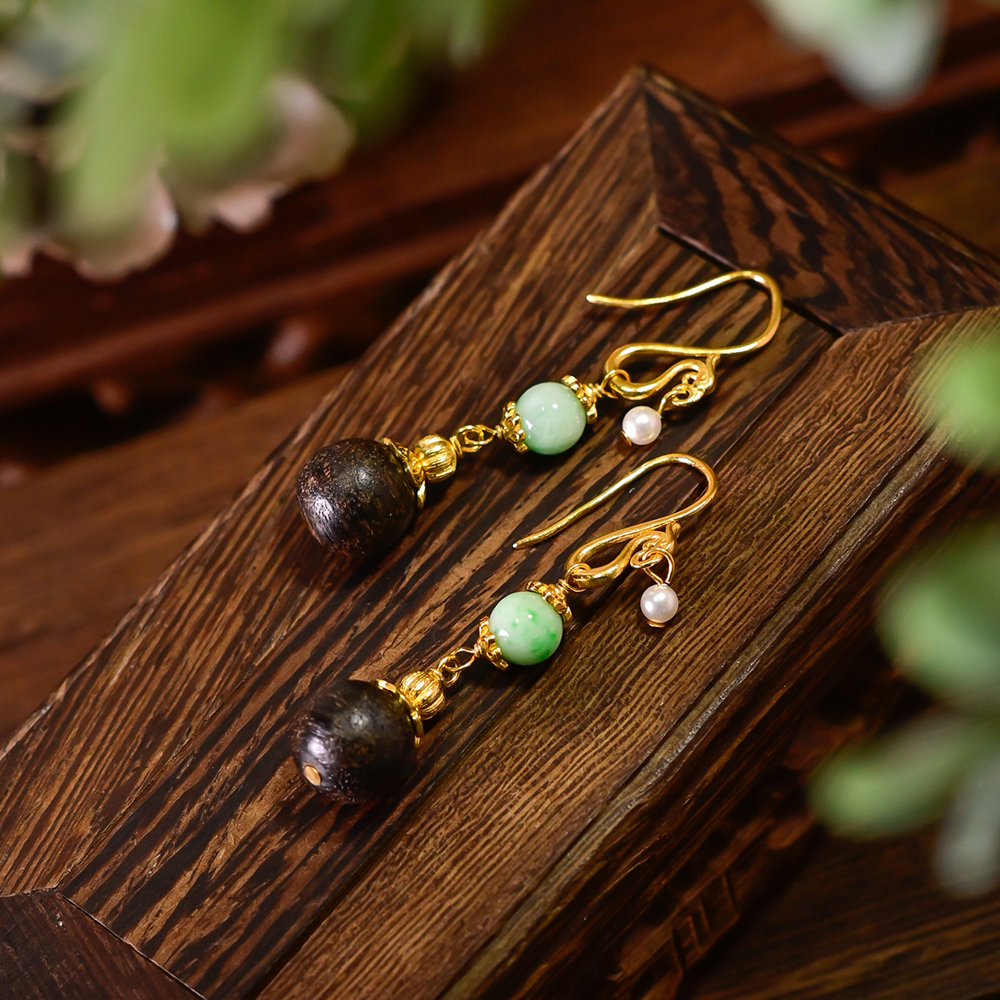 PIPISHOP 沉香圆珠天然A货翡翠925银镀金飞凤衔珠耳环