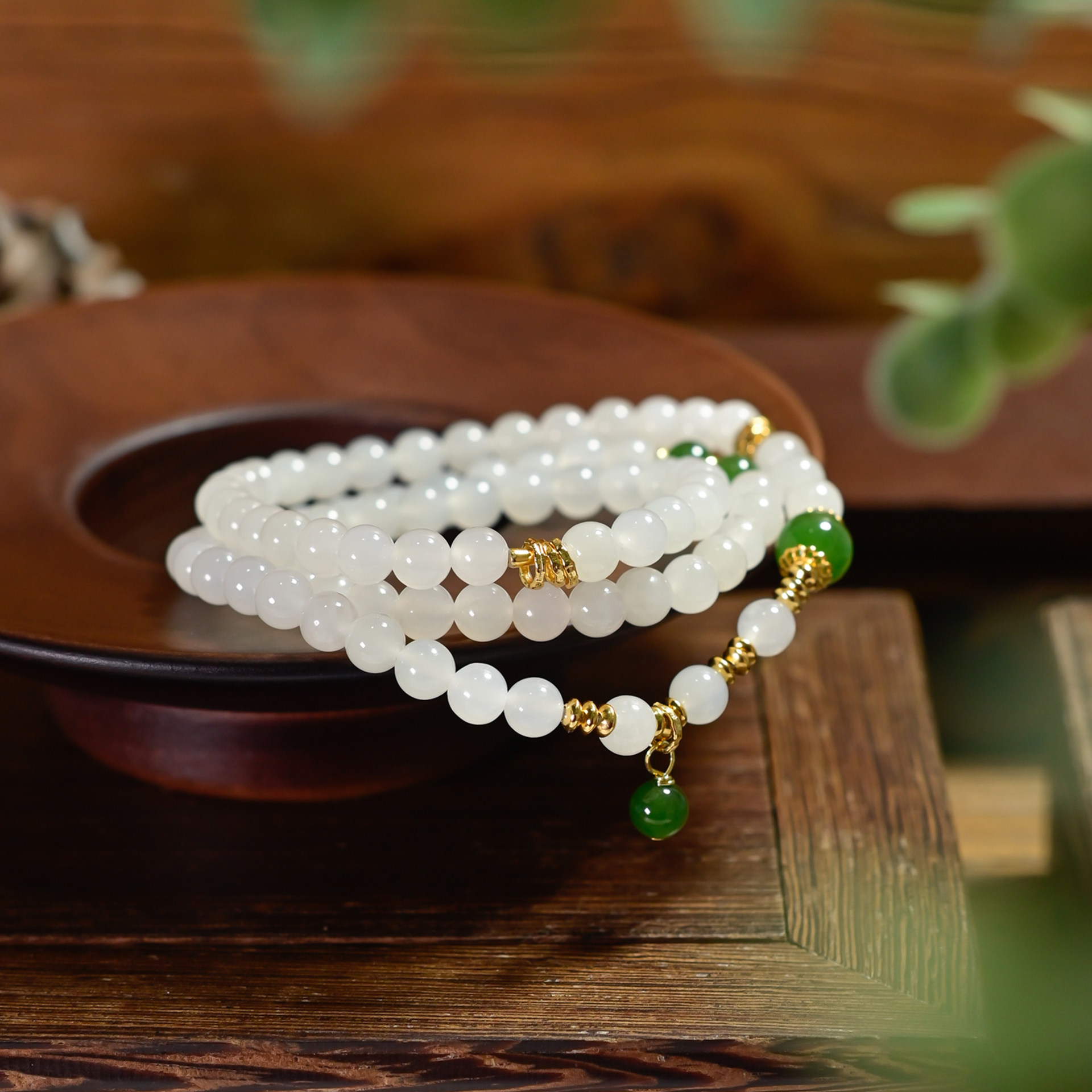 PIPISHOP 925银镀金天然和田玉白玉碧玉三圈手串
