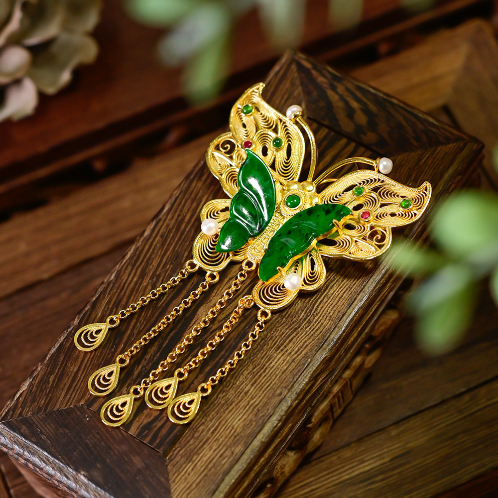 PIPISHOP 925银镀金镶嵌天然A货翡翠蝴蝶胸针吊坠（不含项链）