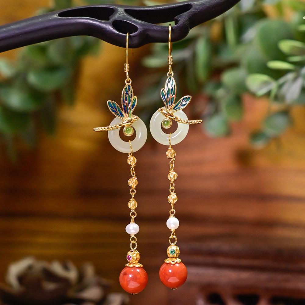 PIPISHOP 天然和田玉甜甜圈南红玛瑙圆珠925银镀金小蜻蜓长款耳环