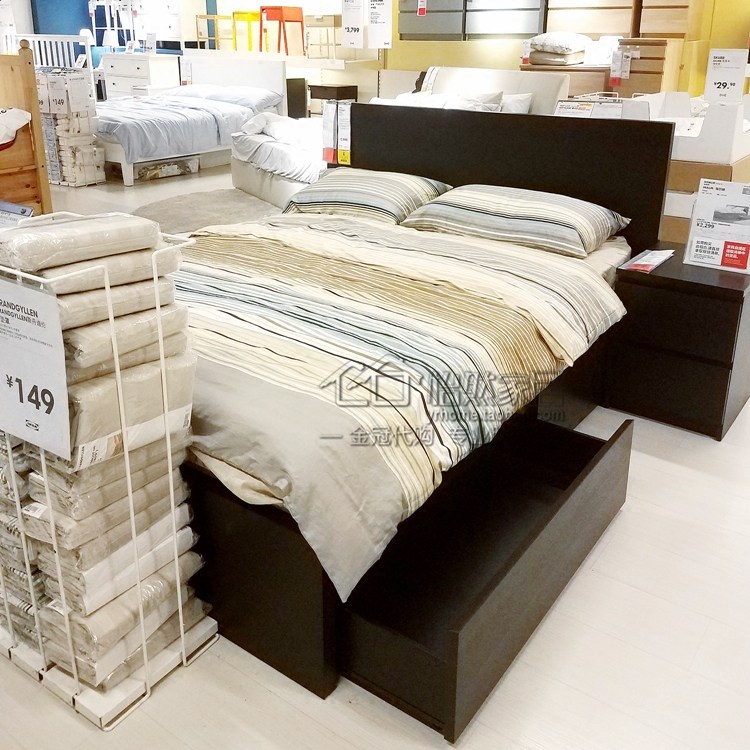 现货宜家 马尔姆 高床架带4个储物盒180x200cm黑褐色北欧简约