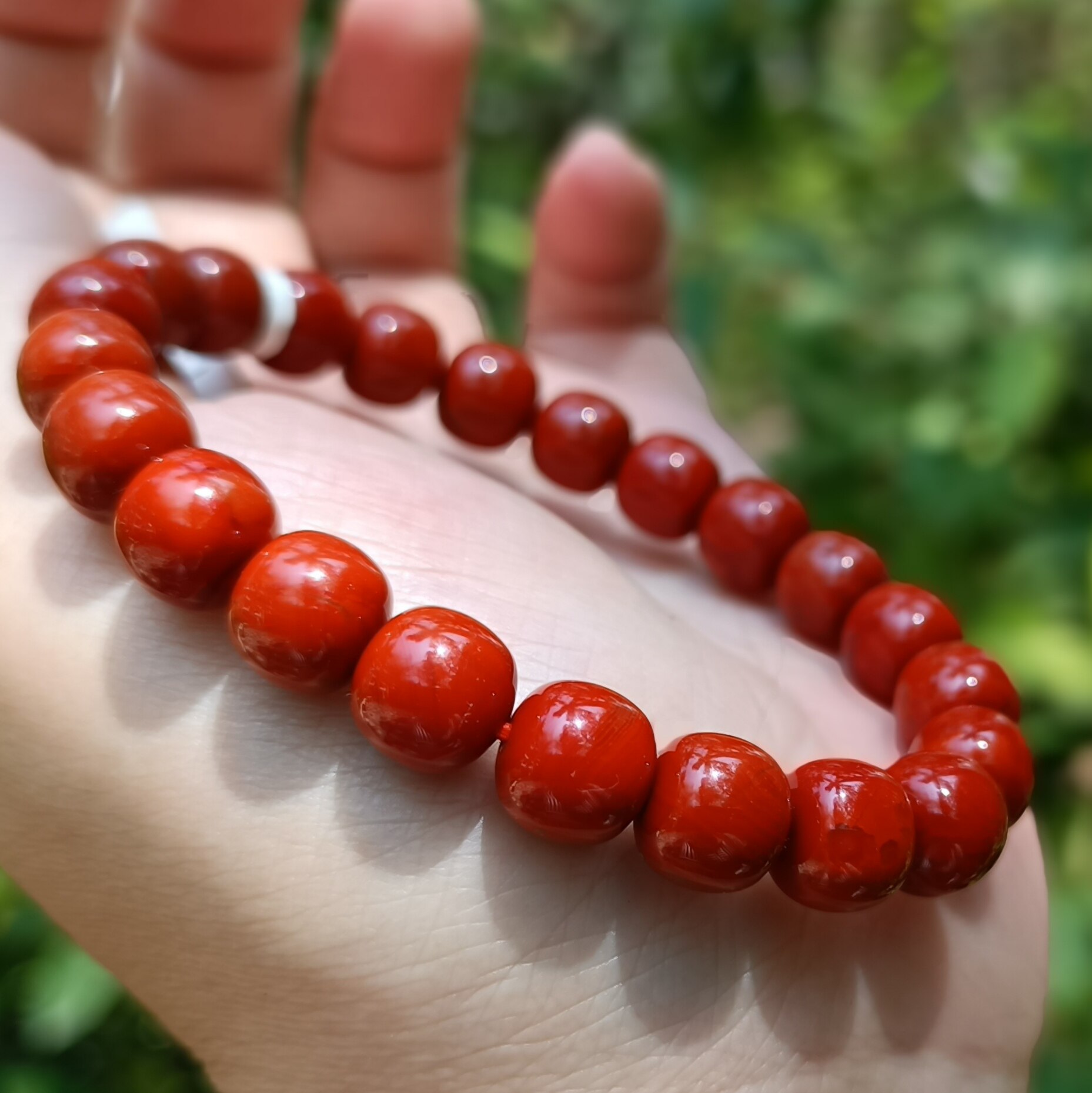 保山滴水洞南红玛瑙单圈老型珠老料女孩文玩手串柿子红满肉无杂裂