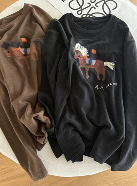 重工刺绣流苏小马澳绒打底衫女2026早春新款宽松百搭显瘦长袖T恤