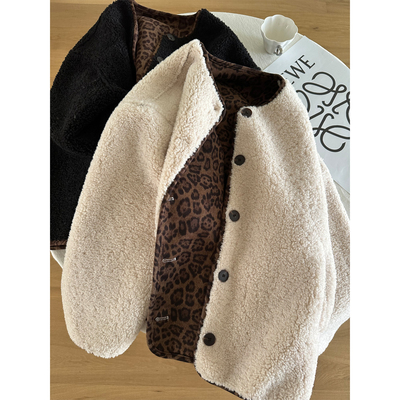设计感豹纹撞色羊羔毛加厚外套女