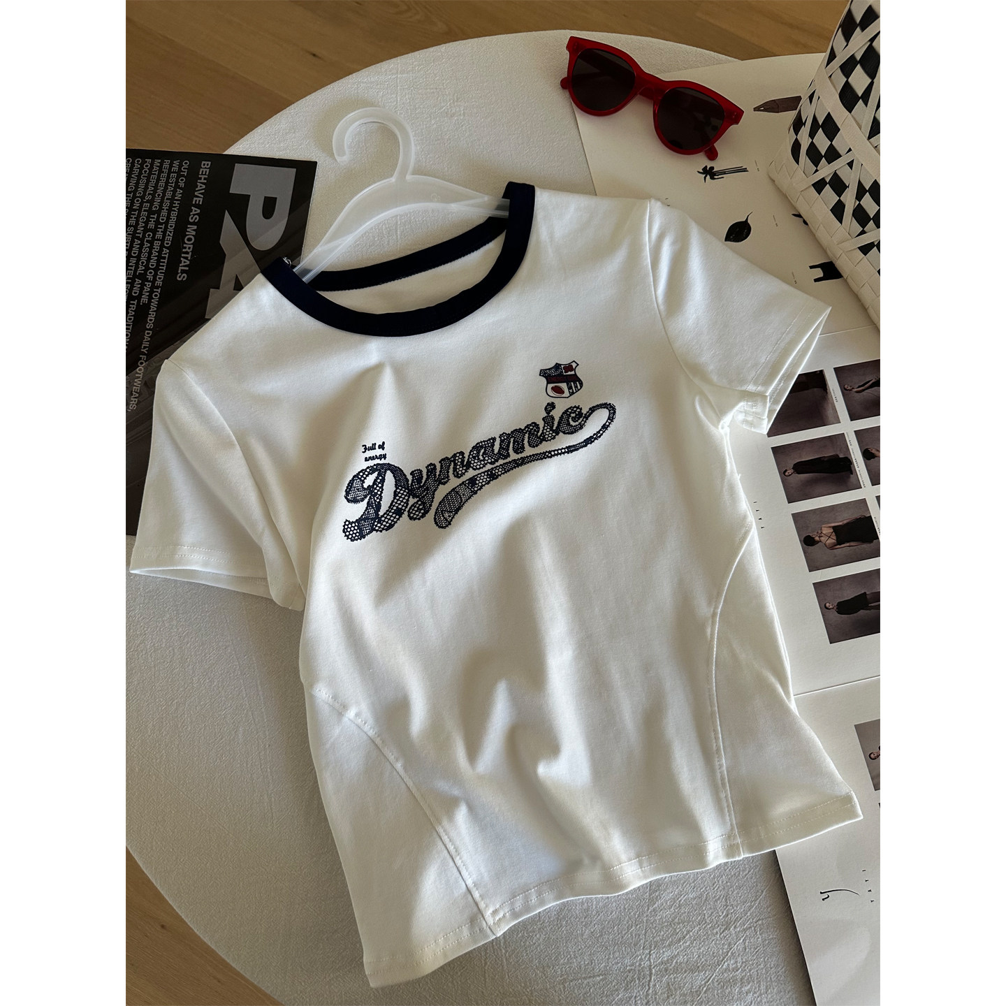 韩版圆领撞色字母印花显瘦短袖T恤夏季新款鱼骨线收腰短款上衣女