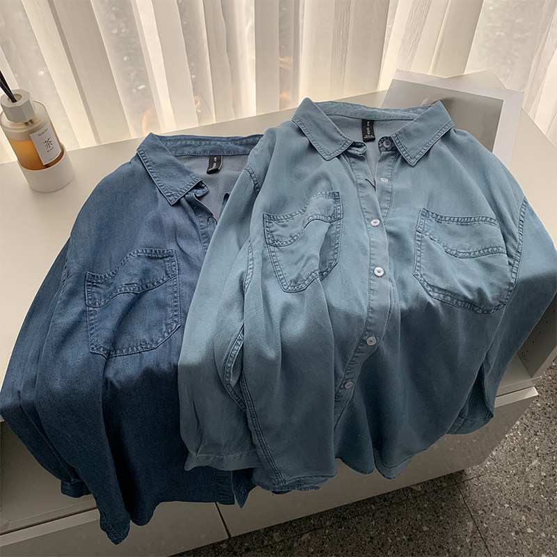 宽松韩版单排扣长袖天丝复古衬衫