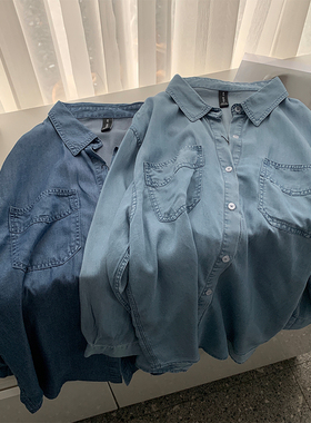 中长款天丝牛仔衬衫女2025秋季宽松百搭休闲复古蓝色长袖衬衣开衫