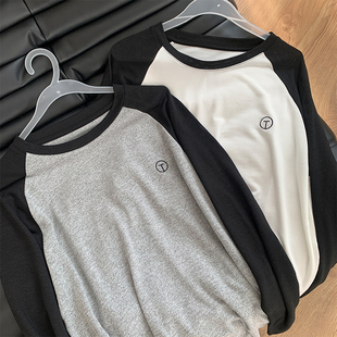 撞色插件长袖t恤女正肩长袖针织衫宽松美式休闲打底上衣