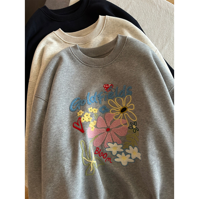 蘑菇花朵毛巾绣加绒加厚圆领卫衣