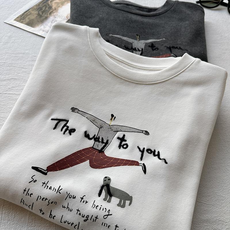 韩系磨毛棉加绒印花长袖打底T恤