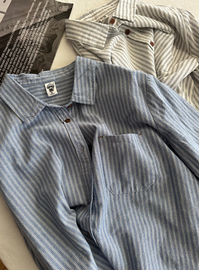 纯棉竖条纹长袖衬衫女秋季新款怀旧色系显瘦气质衬衣百搭休闲上衣