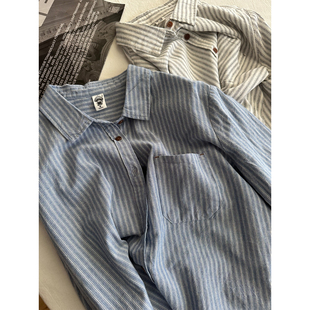 新款 女秋季 怀旧色系显瘦气质衬衣百搭休闲上衣 衬衫 纯棉竖条纹长袖