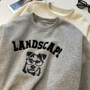 眼睛狗狗刺绣圆领加绒卫衣女冬季保暖加厚宽松休闲显瘦减龄上衣潮