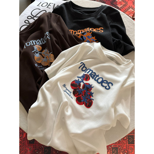 加厚云朵绒磨毛字母刺绣短袖T恤