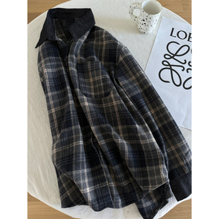 复古宽松百搭慵懒风长袖格子衬衫女2025秋冬新款单穿叠穿休闲外套