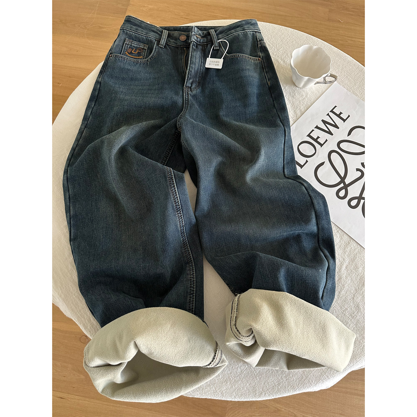 刺绣木马设计款加绒加厚牛仔裤冬