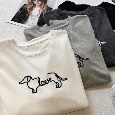 长袖简约加厚刺绣磨毛长袖T恤衫