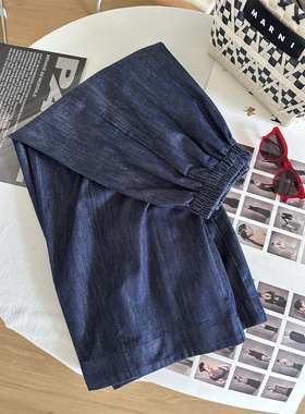 薄款松弛感深蓝色小个子牛仔气球裤女垂感拼接显瘦阔腿九分奶奶裤