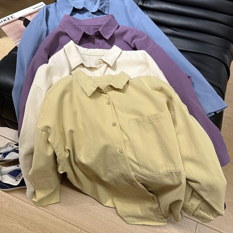 软糯纯棉纯色polo领衬衫女秋季新款宽松内搭叠穿休闲翻领长袖衬衣