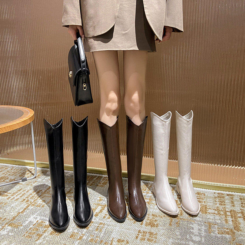 [明星同款]真皮高筒不过膝长靴女2026新款尖头粗跟秋冬V口西部牛,女鞋,骑士靴,淘宝优惠券,粉丝福利购,淘宝优惠卷