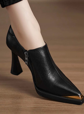 [明星同款]9cm真羊皮2026春秋新款舒适粗高跟时尚小个子防水台法