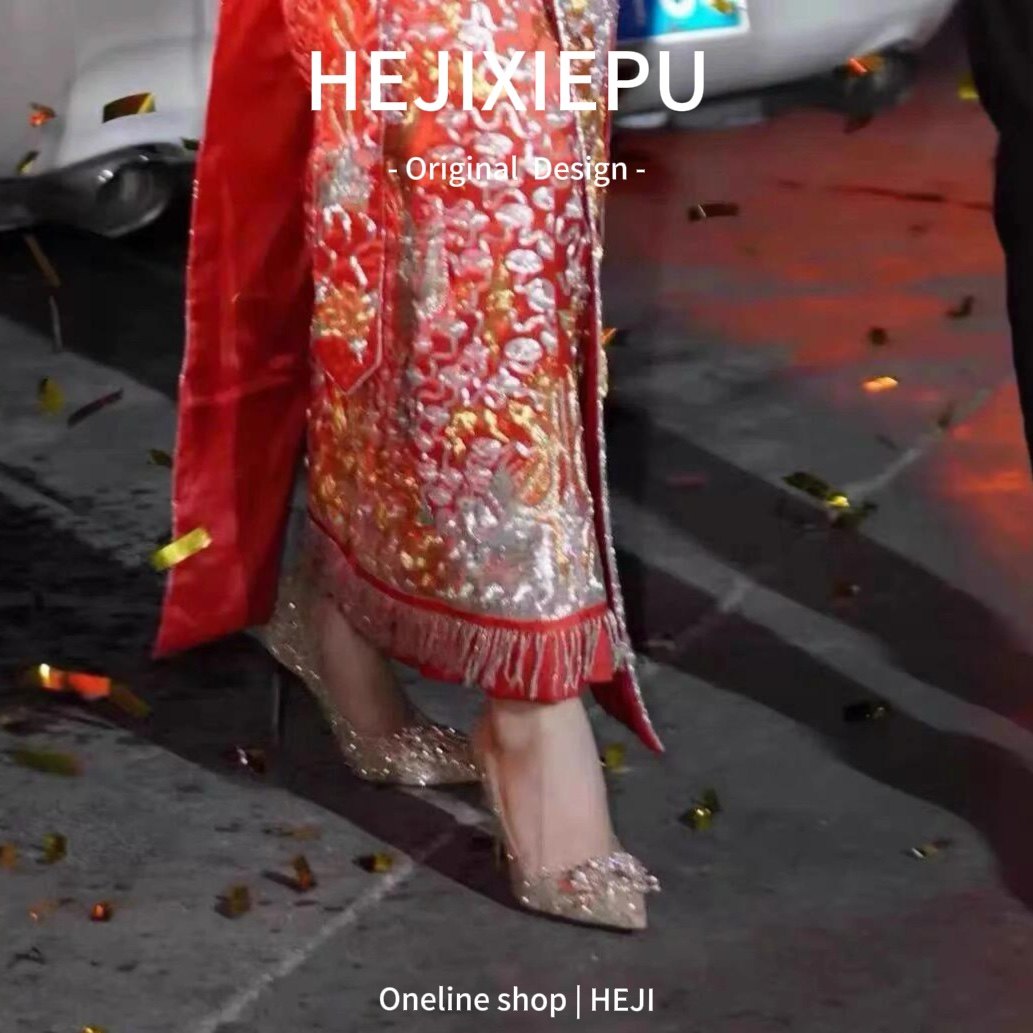 [明星同款]婚鞋秀禾婚纱两穿水晶鞋新娘鞋女香槟色高跟鞋不累脚水