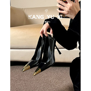 [明星同款]杨树林气质御姐高跟鞋女细跟2025新款黑色金属铁头设计