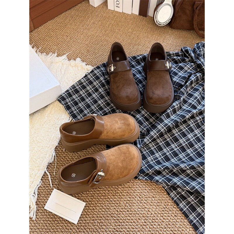 [明星同款]真皮小个子复古厚底全包勃肯鞋女2025年秋季新款一脚蹬