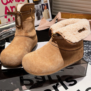 [明星同款]真皮羊羔毛毛鞋金属扣勃肯鞋翻领两穿陈太太同款雪地棉