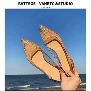 [明星同款]网纱平底鞋女2024夏季新款CL内增高水钻尖头单鞋百搭浅