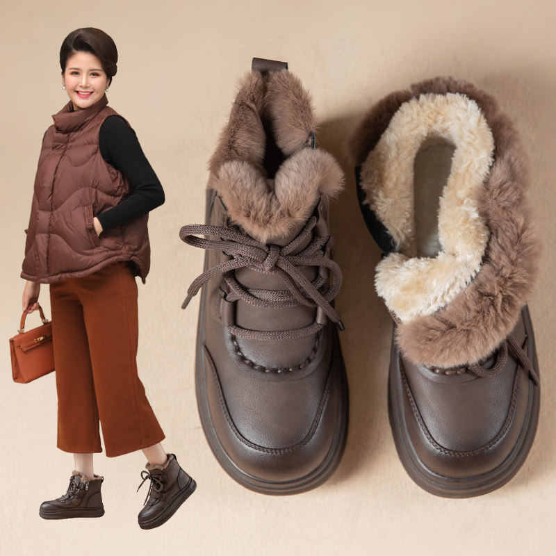 [明星同款]真皮加绒妈妈厚底鞋防滑软底雪地靴中老年舒适不累脚棉,女鞋,时尚雪地靴,淘宝优惠券,粉丝福利购,淘宝优惠卷