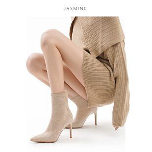 [明星同款]尖头高跟短靴女2026新款裸色高跟鞋女秋冬尖头弹力瘦瘦