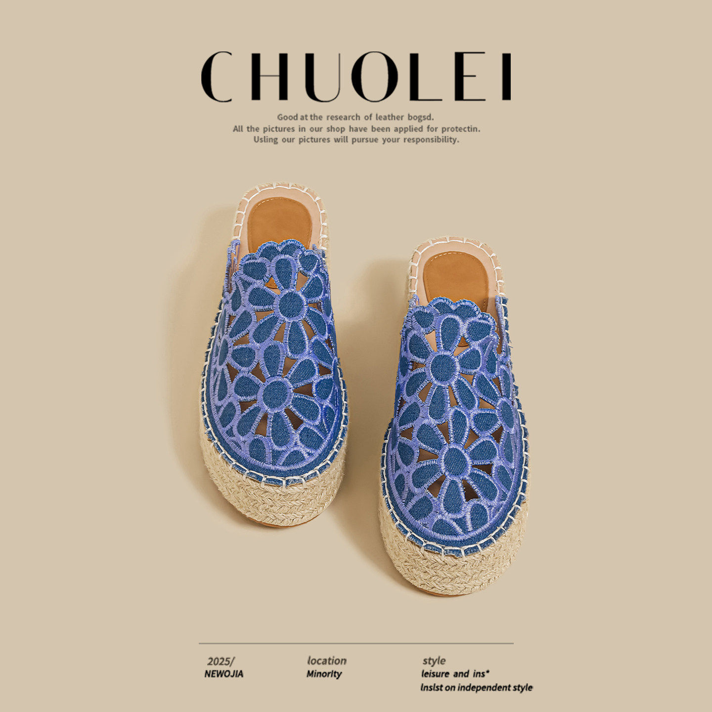 [明星同款]2026夏季新款厚底编织渔夫包头半拖鞋女蓝色镂空花朵外