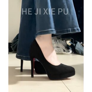 [明星同款]正装百搭少女绒面黑色防水台职业高跟鞋欧美性感红底浅