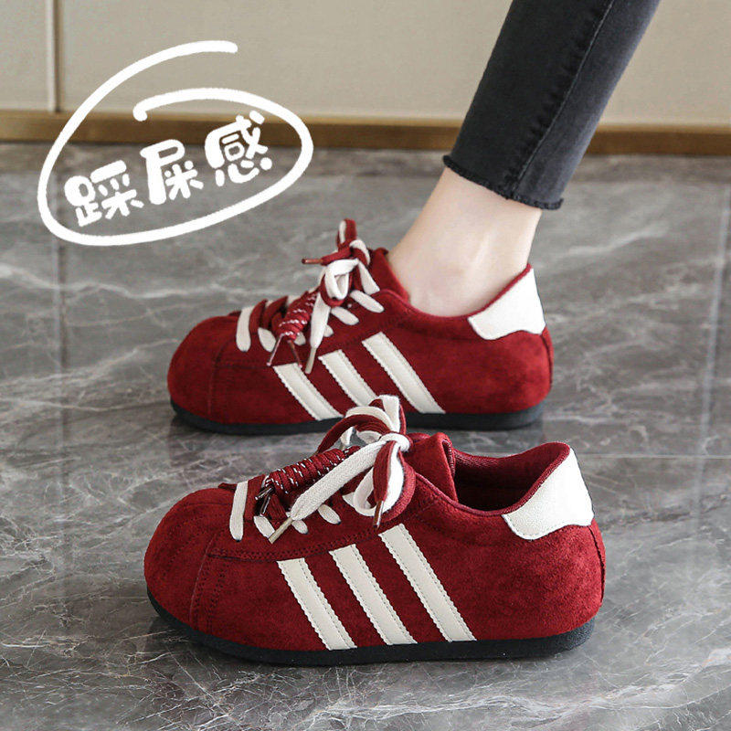 [明星同款]复古德训鞋女酒红色反绒皮系带休闲运动鞋不累脚阿甘鞋