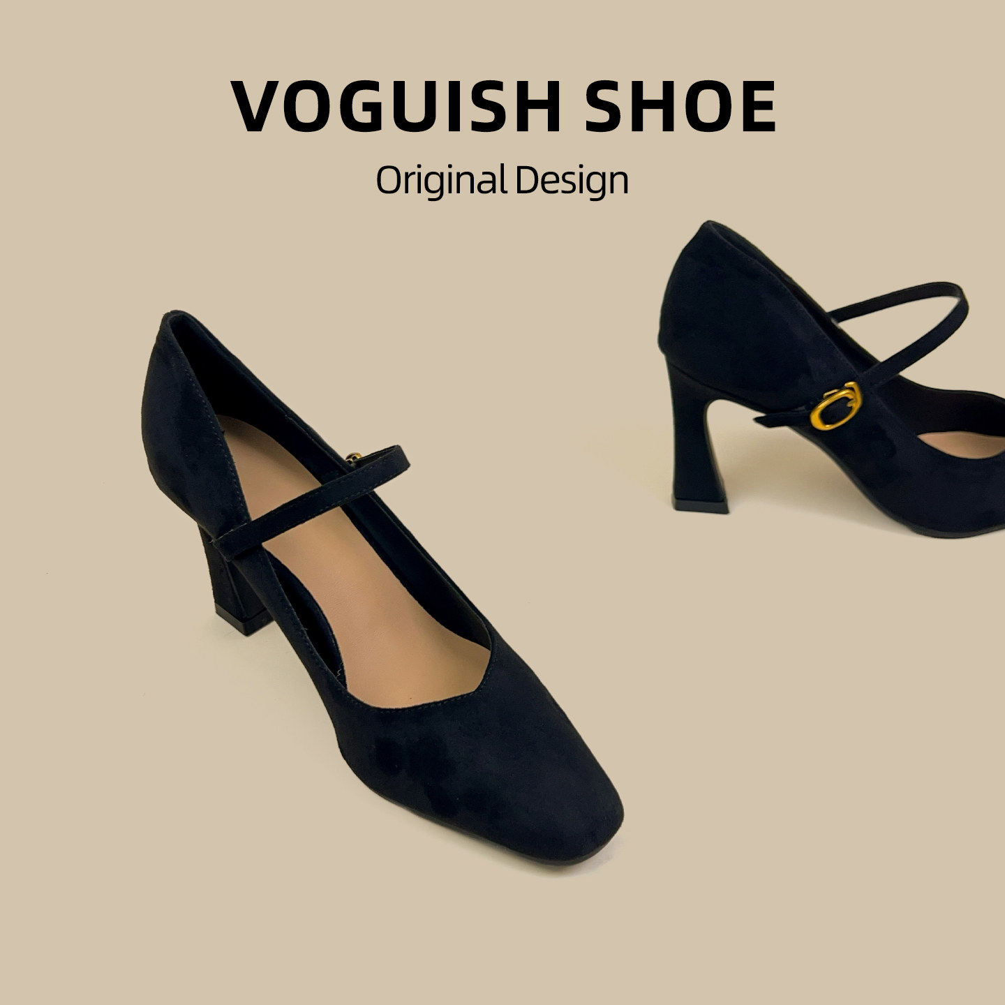 [明星同款]2025新款黑色磨砂绒面玛丽珍鞋一字扣带粗跟高跟鞋通勤