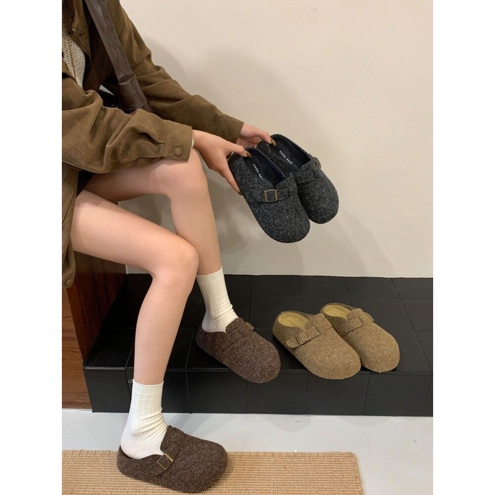 [明星同款]晚晚风勃肯鞋羊毛毡包头拖女2025秋厚底复古勃肯半拖鞋图片