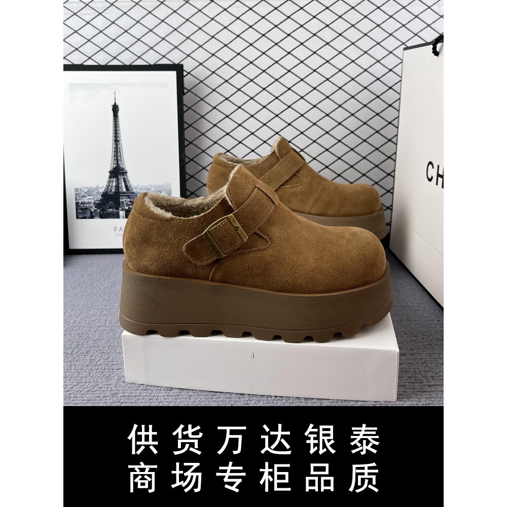 [明星同款]增高6cm冬季勃肯鞋女厚底真皮加绒加厚毛毛一脚蹬懒人