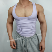 深V胸U型方口T恤男士 低胸背心健身紧身露胸跑步运动撸铁螺纹无袖