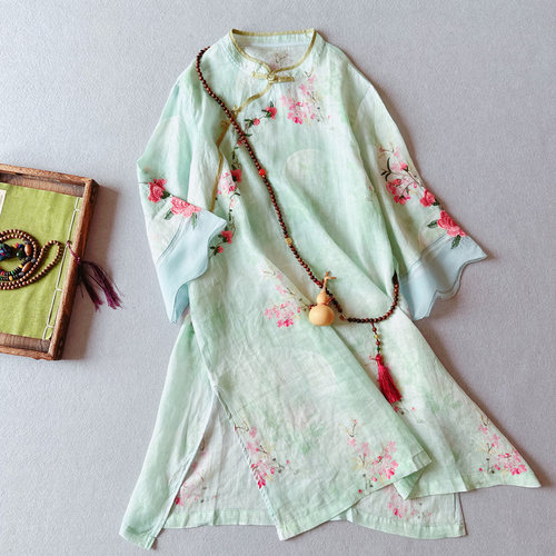 新中式刺绣印花纯苎麻中长款衬衫