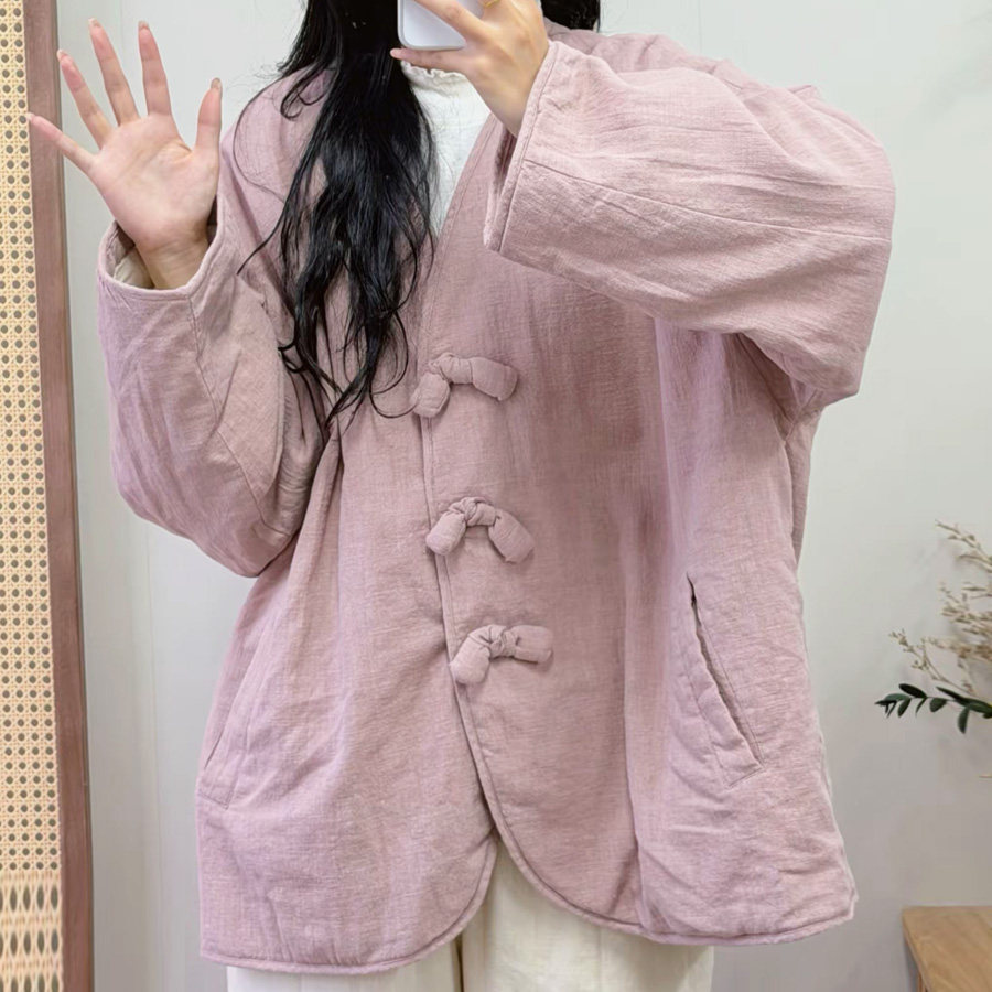 文艺复古冬季新款女装设计款蝴蝶扣100%亚麻夹棉加厚棉服棉袄外套