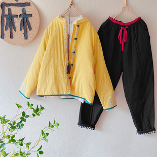 冬季棉麻盘扣绣花立领棉服女中国风复古宽松加厚棉袄外套棉裤套装