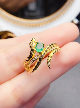 925银哥伦比亚天然祖母绿戒指复古宽版蛇戒