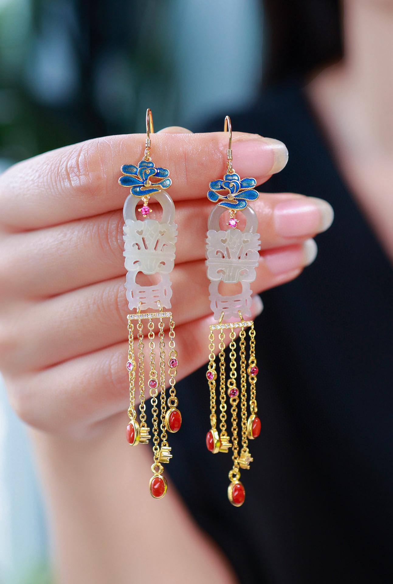 古风国风原创设计天然和田玉精雕花蓝耳坠流苏女复古纯银镀金镶嵌